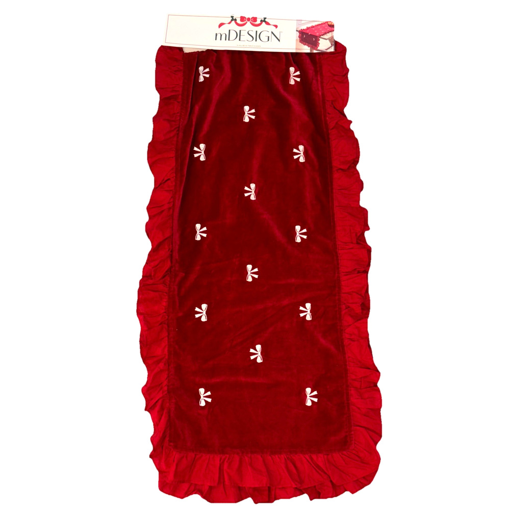 Red Velvet Table Runner White Bow Trim w Ruffles 16x80” Valentine's Day Coquette